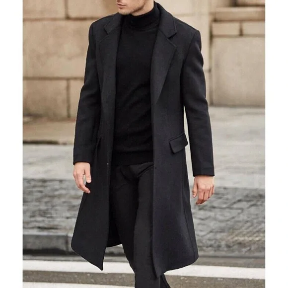 Men's Black Slim Fit Notched Collar Long Casual Trench Coat with Pocket